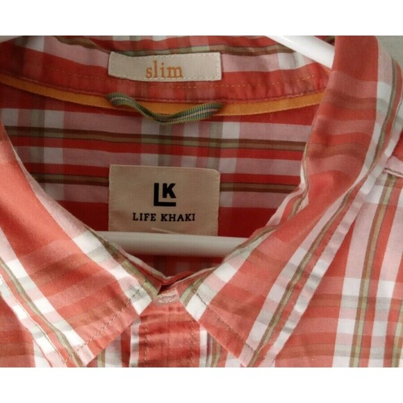LIFE KHAKI SHIRT SLIM XL BUTTON DOWN POCKETS PLAID ORANGE LONG SLEEVE - Picture 4 of 7